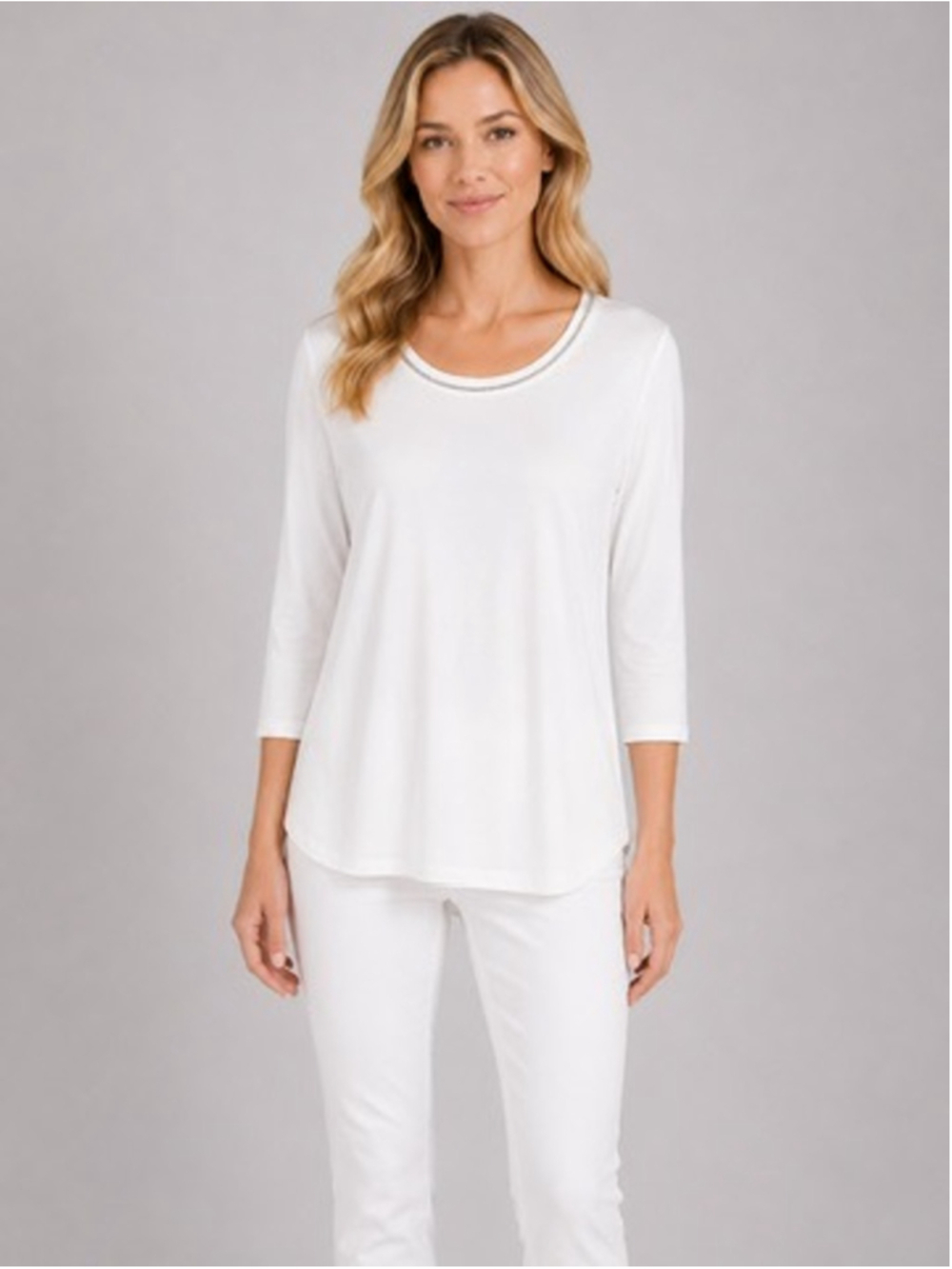 Soft Surroundings White Rhinestone Embellished Knit Top Elegant Beaded Size L